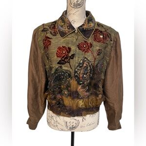 Ruby Cho Silk Appliqué Bomber Jacket Beaded Floral Art Jacket L